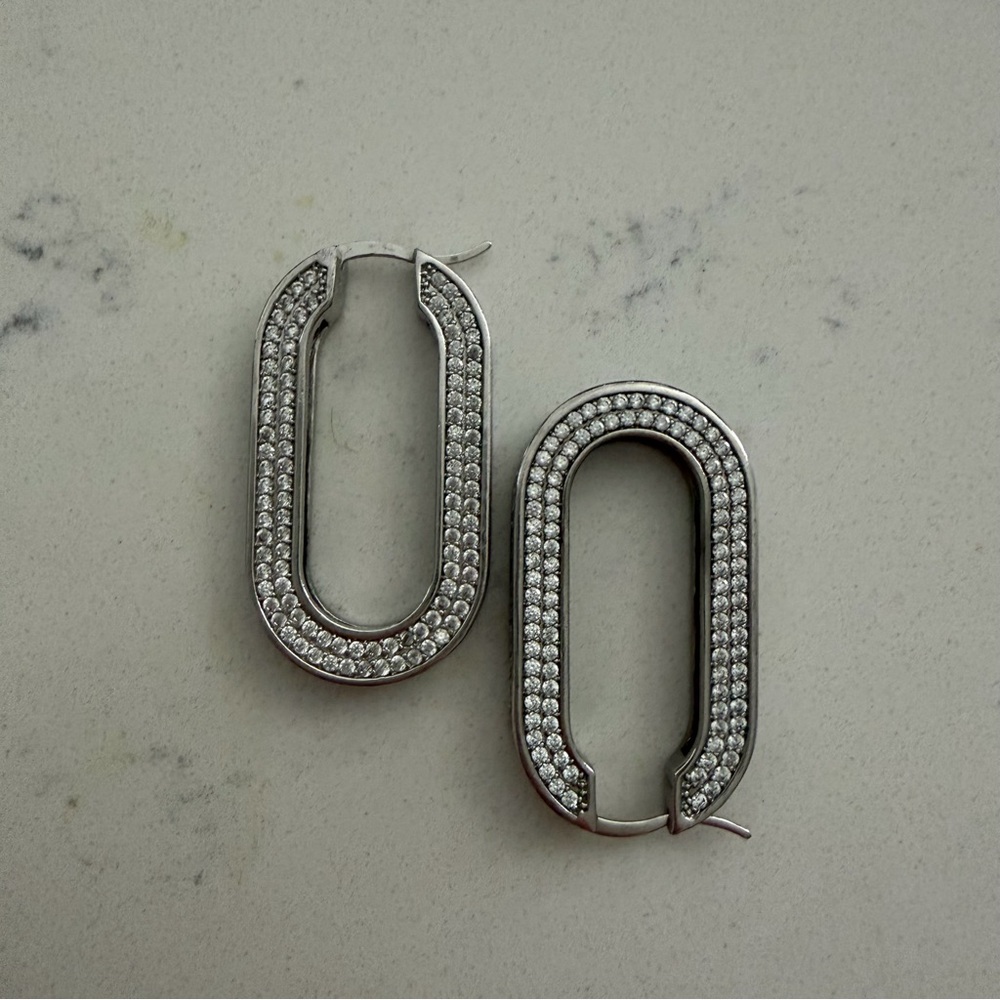 CELINE Crystal-Pavé Oval Hoop Earrings – Silver Tone